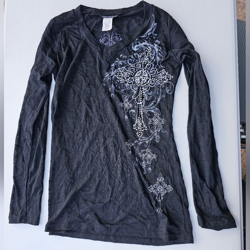 Black Long Sleeve Shirt with White Cross Print And Rhinestones